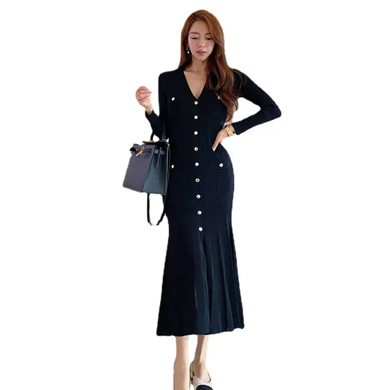 Vintage Korean Maxi Party Dress: Elegant Long Sleeve V-Neck Mermaid Style for Women