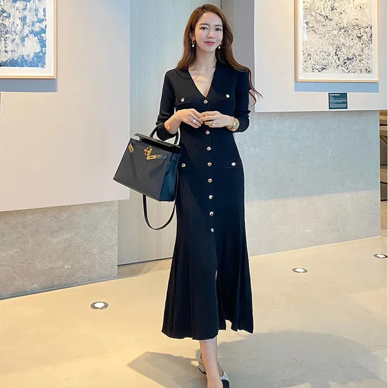 Vintage Korean Maxi Party Dress: Elegant Long Sleeve V-Neck Mermaid Style for Women