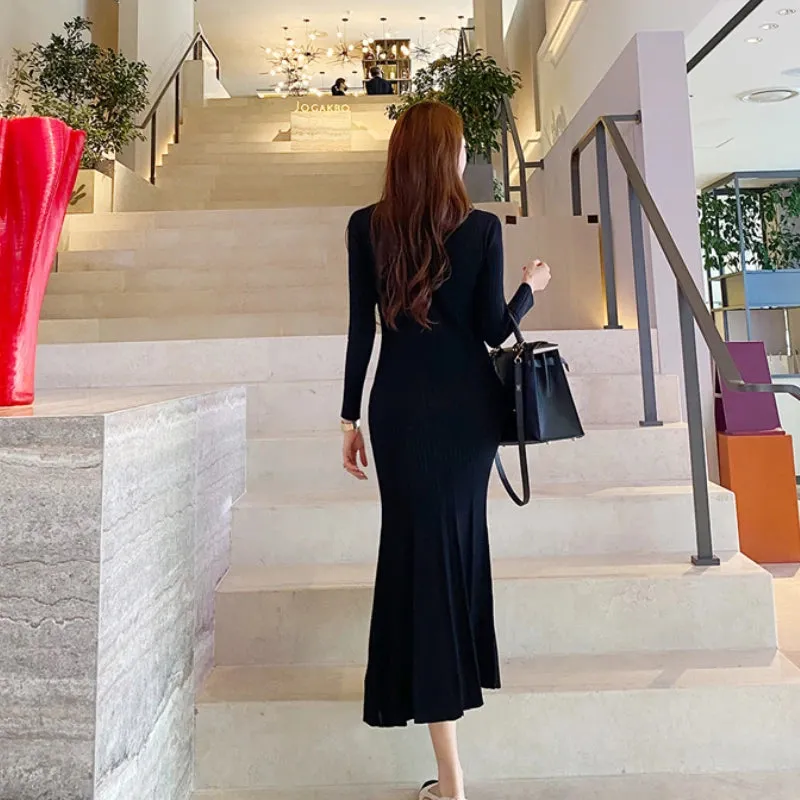 Vintage Korean Maxi Party Dress: Elegant Long Sleeve V-Neck Mermaid Style for Women