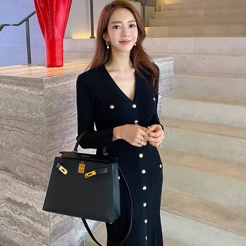 Vintage Korean Maxi Party Dress: Elegant Long Sleeve V-Neck Mermaid Style for Women