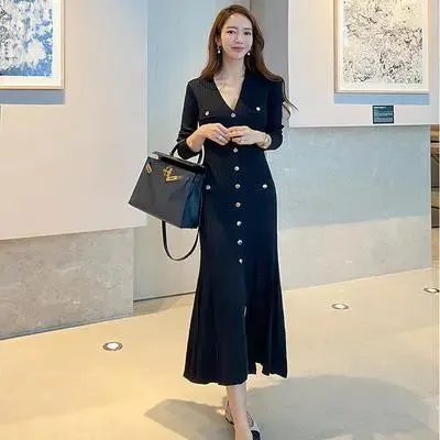 Vintage Korean Maxi Party Dress: Elegant Long Sleeve V-Neck Mermaid Style for Women