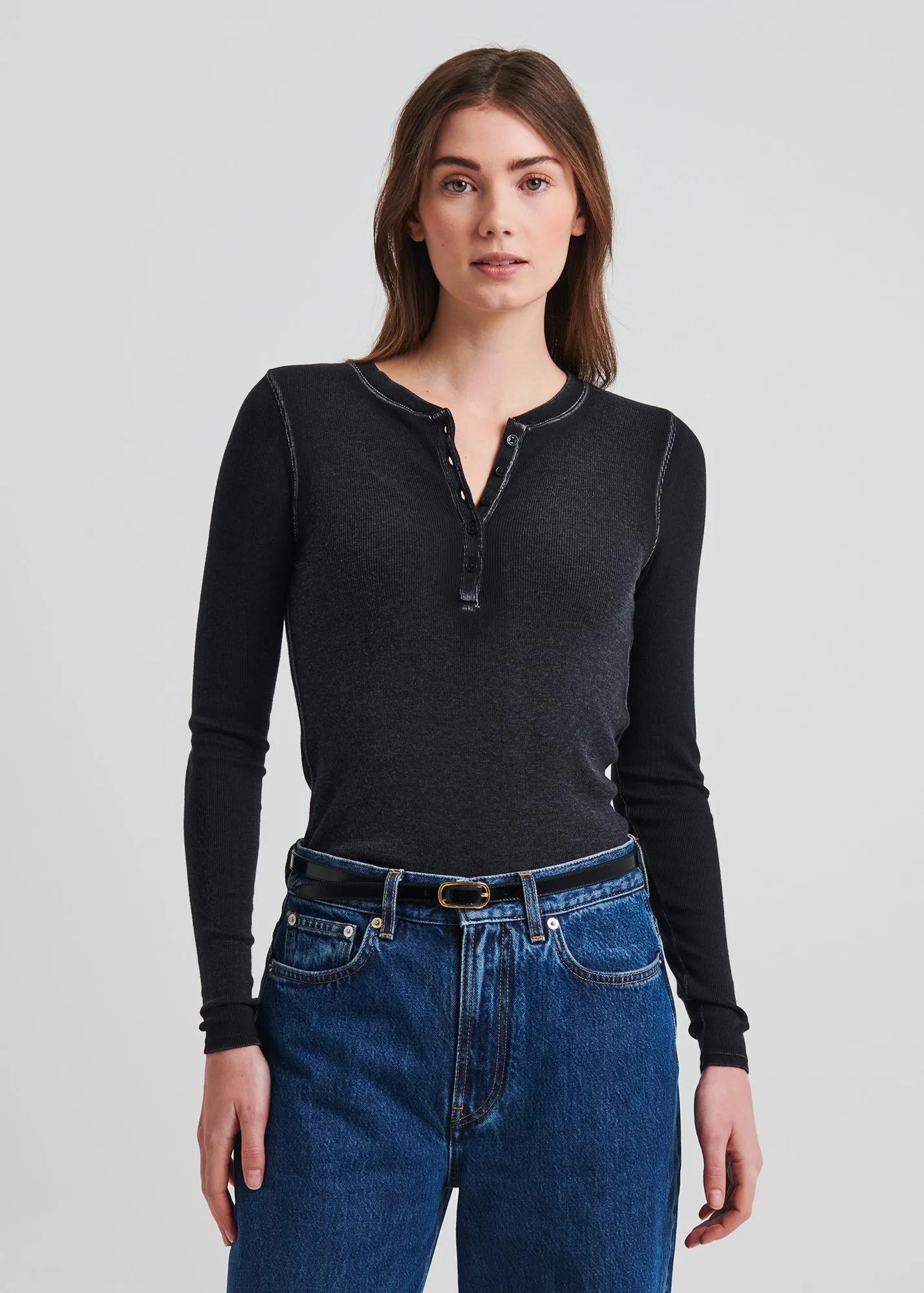 Vintage Wash Pima Cotton Stretch Ribbed Long Sleeve Henley