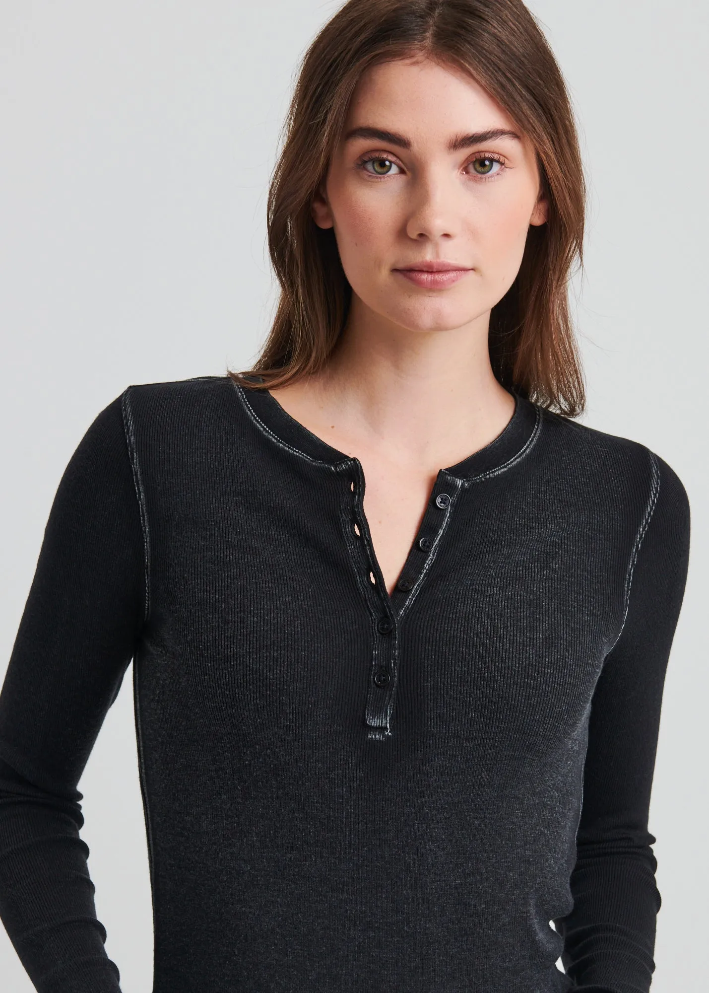 Vintage Wash Pima Cotton Stretch Ribbed Long Sleeve Henley