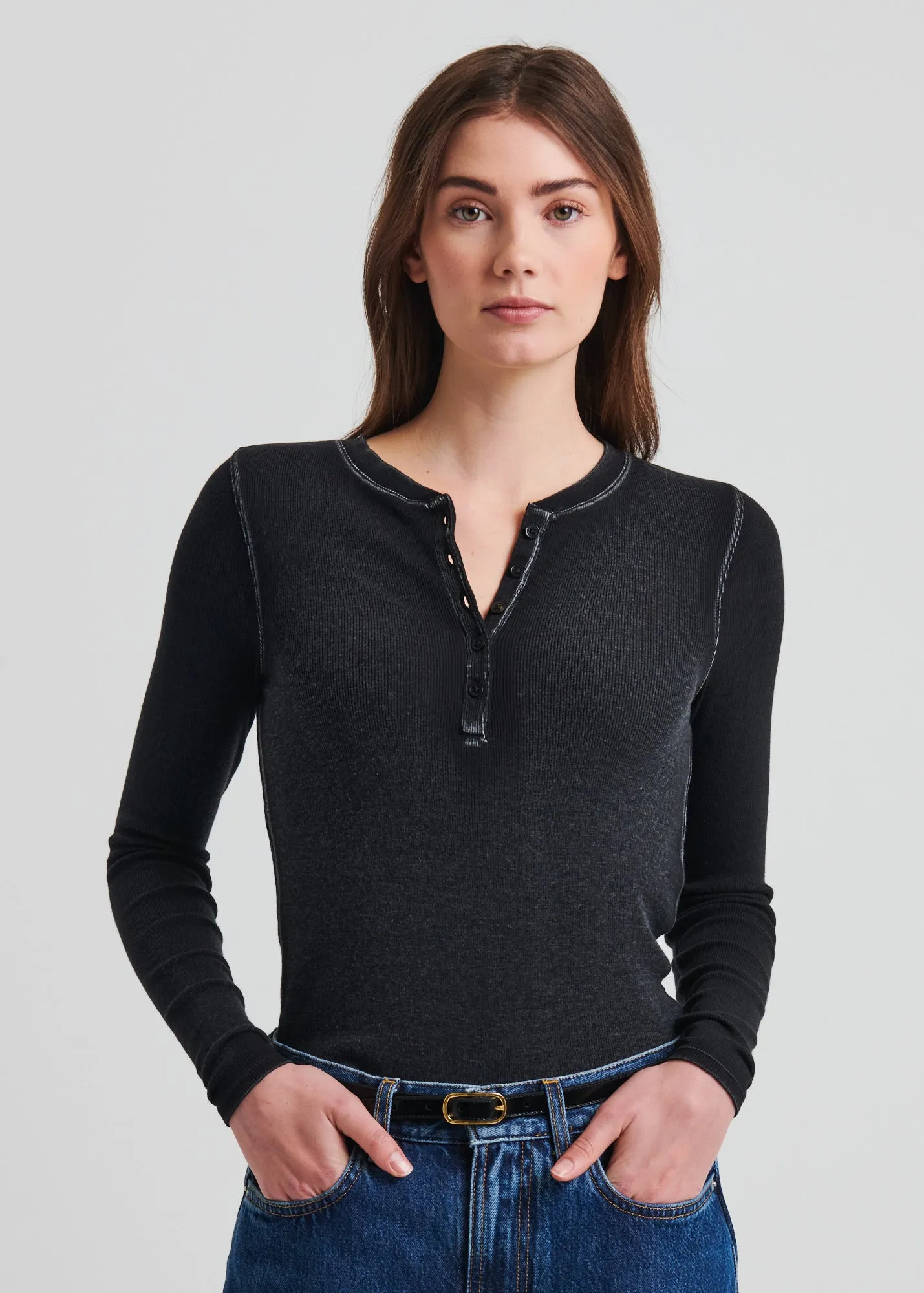 Vintage Wash Pima Cotton Stretch Ribbed Long Sleeve Henley