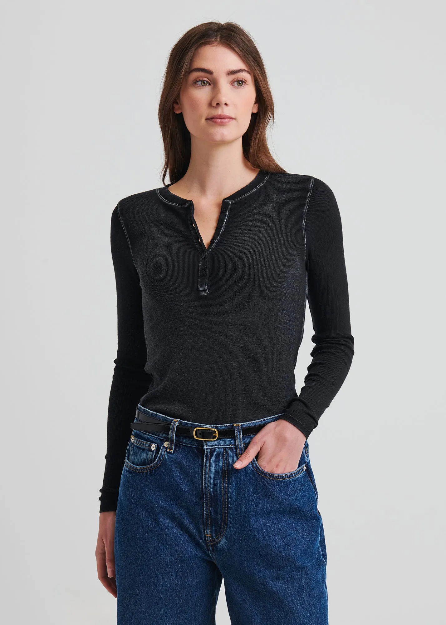 Vintage Wash Pima Cotton Stretch Ribbed Long Sleeve Henley