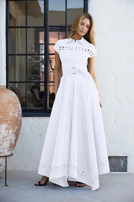Waitlist 4/23 ♥ Noelle Short Sleeve Belted Lace Insert Maxi Dress White