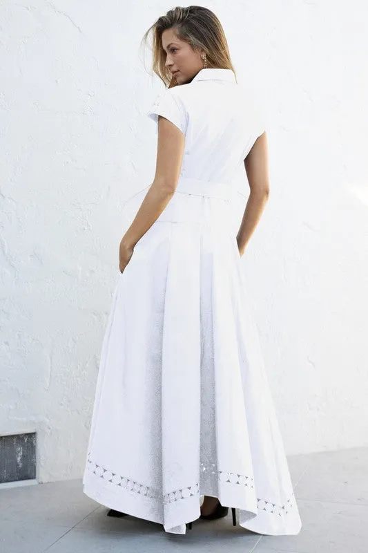 Waitlist 4/23 ♥ Noelle Short Sleeve Belted Lace Insert Maxi Dress White