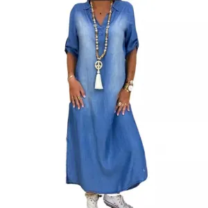 Washe Collar Maxi Denim Dress